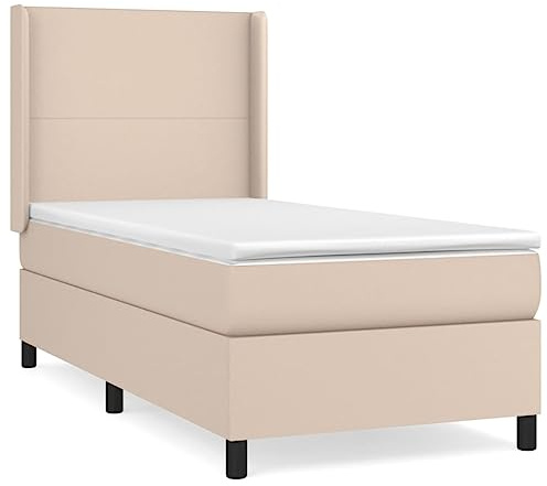 QJBSAVVA Lit Boxspring 90x190 cm avec Matelas et Surmatelas Cappuccino | Ensemble de lit complet pour chambre à coucher avec tête de lit réglable et revêtement similicuir.