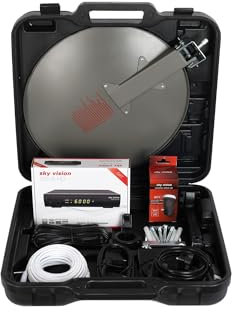 SKY VISION Camping Sat Anlage für den mobilen Gebrauch, Stahl Satellitenschüssel Komplettset mit Single Universal LNB und HDTV Satelliten Receiver, Sat Schüssel 40 cm mit 10 m Anschlusskabel
