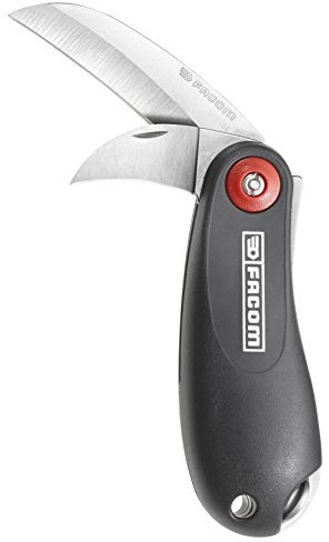 FACOM Cuchillo de Electricista de Acero Inoxidable, Navaja con 2 Hojas (Recta y Curvada), Muesca de Retención, Anilla de Enganche, Longitud Cerrada 104mm, 640180PB