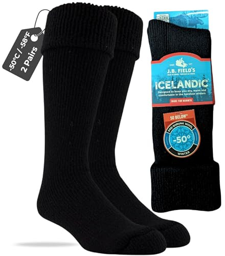 J.B. Field's -50 Below Icelandic Wool Socks for Extreme Cold Winter Weather, Thermal Socks for Women and Men, Thick, Warm, Soft for Hiking, Boot Hunting, 2 Pairs (Large) Black (Turn Down)