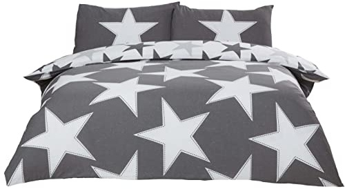 Rapport Home Stars Duvet Cover Set, Reversible Polycotton - Single Grey | Star print polycotton bedding. Fully reversible design. Easy-care fabric, ideal for boys and teens.