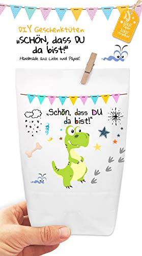 6x zauberhafte DINO Geschenktüten - Dinosaurier Kinder Tüten liebevoll bedruckt aus Kraftpapier, zum Verpacken von Geschenken, Gastgeschenken, Mitgebsel, Giveaways, Kindergeburtstag, Hochzeit