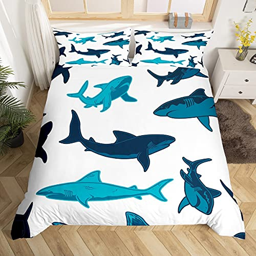 Set di biancheria da letto con motivo squalo e animali marini oceanici, copripiumino per ragazzi, ragazze e bambini, per letto singolo, con 1 federa