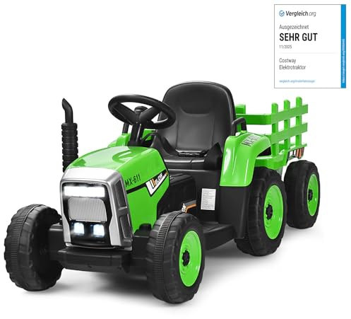 COSTWAY Trattore con Rimorchio Cavalcabile per Bambini 12V, Trattore Elettrico Telecomandato, con Luci e Suoni, 30kg, 3+ Anni (Verde)