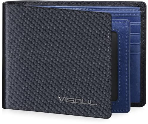 VISOUL Cartera para Hombre Piel Genuina Billetera Hombre de Cuero de Tarjetero con Protección RFID Carteras Bifold para Hombres Joven Monedero de Cuero con 12 Ranuras para Tarjetas (Carbono+Azul)