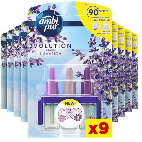 Ambi Pur 3Volution Profumatore per Ambienti, 9 Ricariche per Diffurore Elettrico, Fragranza Lavanda, tecnologia Elimina Odori, Fino a 90 Giorni di Profumo per Ricarica