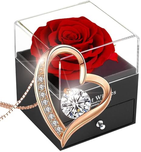 SWEETIME Eternal Rose Gift Box Preserved with Necklace,Forever Red Rose with 925 Sterling Silver Heart Necklace,Mothers Day Gift,Enchanted Real Flower Box for Her on Valentine's Day Anniversary