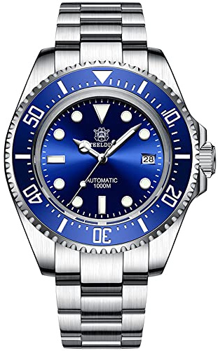 Steeldive SD1968 Herren-Taucheruhr, 300 m, wasserdicht, Japan NH35, Automatik-Uhrwerk, BGW9, leuchtende Saphir-Taucheruhr, blau, blau, Armband
