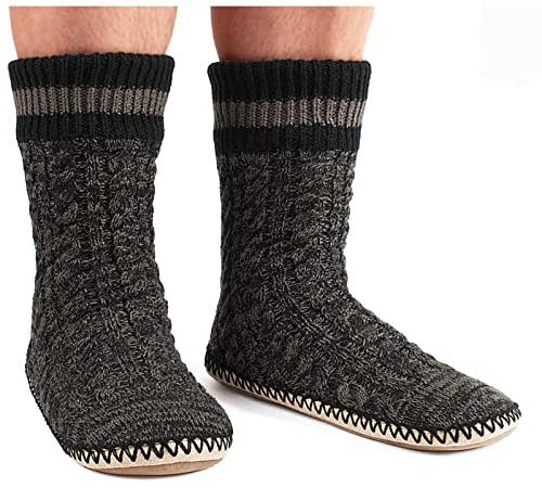 cosyone1997 Mens Slipper Socks with Gripper Soles, Warm Knit House Shoes, Fuzzy Moccasin Boots Indoor,Winter Cozy Christmas Gifts Unique, Cold Weather Bedroom Foot Warmers, Adult Size 14-15 Black