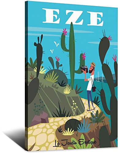 NMNM Èze Frankreich Kaktus Vintage Reiseposter Leinwand Kunst Wanddekoration Poster Bild Druck Malerei Poster Geschenk 50 x 75 cm