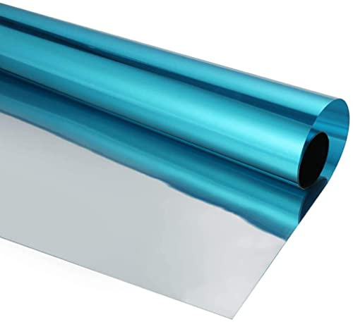 One Way Window Film Daytime Pravicy Window Film Mirror Effect Reflective Self-Adhesive Decorative Heat Control Anti UV Window Tint Film for Home and Office Blue&Silver 2Mil 17.7 Inch x 6.5 Feet
