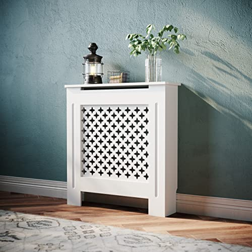 SONNI Heizkörperverkleidung, 78x19x81.5cm, Lackiert, Raute Lamell, Weiß | Heizkörperabdeckung, Heizkörperschutz, Schrank Heizkörper Abdeckung für Wohnzimmer, Schlafzimmer, Küche, Modern, Holz