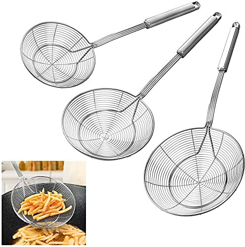 Edelstahl Spinnensieb Schaumlöffel zum Braten und Kochen - 3er Set Asiatisches Sieb Schöpfkelle Pastasieb mit langem Griff, Professionelle Küchenabschäumer Schöpfkelle