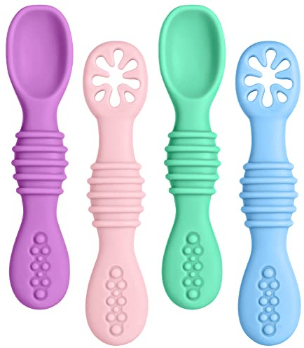 Vicloon 4 Pezzi Cucchiaino Svezzamento, 2 in 1 Cucchiaio per Pappa con Scanalature della Dentizione, Cucchiaio Silicone per Bambini Fase 1 + Fase 2, Consigliato da Esperti di Svezzamento, 4 Colori