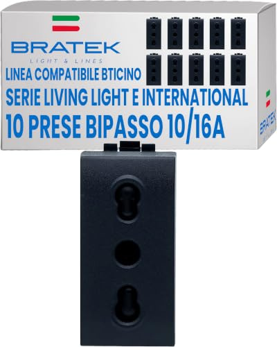 10 Prese Bipasso 10/16A Compatibili Bticino Living Light e International | Prese Elettriche da Muro Italiane 2p+T L4180 x Supporti Livinglight e International, Nero - Made in Europe by Bratek