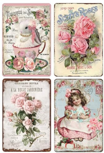 YOYI ART 4pcs Vintage Pink Roses Flowers Decor Tin Sign - French Country Shabby Chic Signs for Room, Bathroom, Kitchen, Garden, Yard Wall Decor Art, Gifts for Women and Flower Lover, 8 x 12 inch