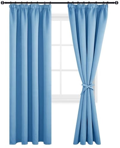 DWCN Vorhänge Wohnzimmer Blickdicht Kräuselband mit Vorhang-Krawatten, 2er Set H 228 x B 117 cm Vorhänge Dunkel Thermogardine Verdunkelung, Wärmeisolierend Thermovorhang für Schlafzimmer, Hell Blau