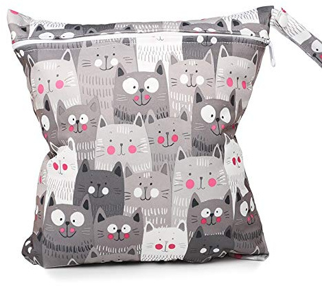 SYSUII Wetbag Nasstasche Wiederverwendbar,Windeltaschen Nasstaschen Nasse und Trocken Wickeltasche Stoffwindeln Taschen Kindergarten - Wäschebeutel Organiser Beutel mit Reißverschluss-graue Katze