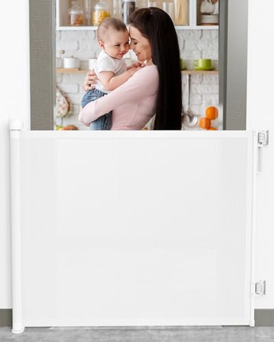 NORRSKOG Non Drill Retractable stair gate,NO DRILL Sticky Pads included.Extendable Baby Gate to 150cm screen for Babies and Pets-Stairs, Hallway,Doorways.Stair gates for baby. (WHITE)