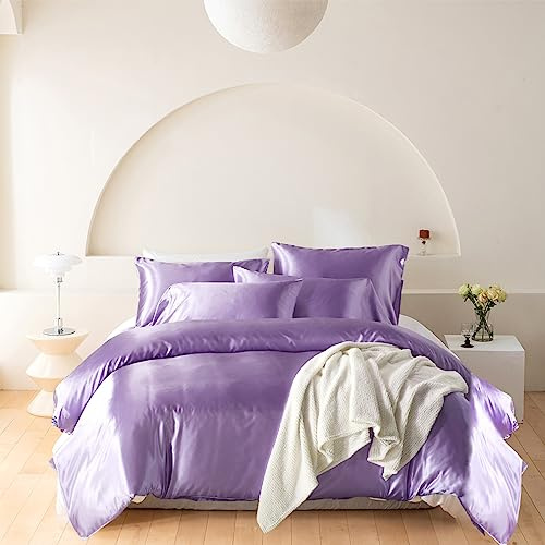Wotcsil Ensemble de Housse de Couette Satin de Soie 140x200 Lilas Literie Satin Parure de Lit Unie Ensembles de Literie Linge de Lit en Satin Luxe Unie Polyester Satiné Brillant