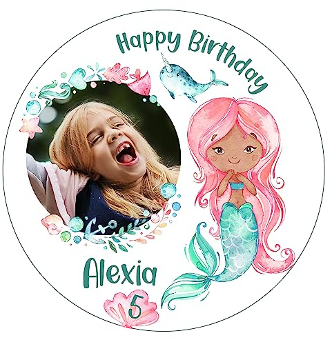 Tortenaufleger Geburtstag Mädchen Meerjungfrau personalisiert mit Foto & Wunschtext (Fondantpapier, Dekorpapier Plus oder Oblate - Geschnitten)