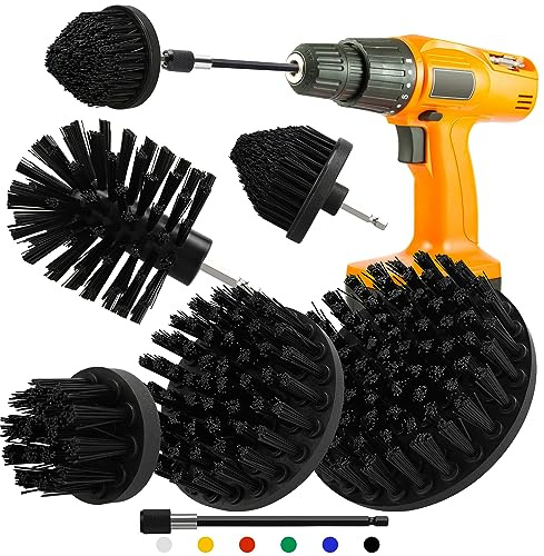 5pcs Drill Brush Attachment Set, with 1pcs Extend Long Attachment | for Cleaning Showers, Tubs, Bathroom, Tile, Grout, Carpet (5 brushes black)