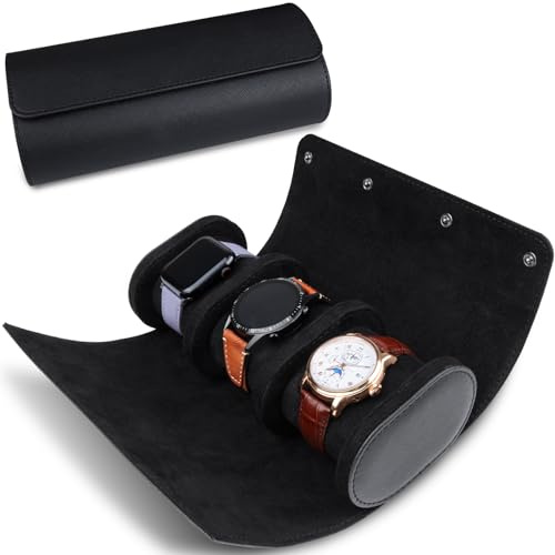 RoYiio 3 Slots Zylindrische Uhrenbox, Uhrenrolle Reisetasche Vintage Uhrengehäuse für Männer Frauen - Schwarz Upgrade-Version
