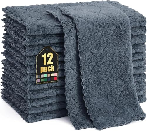 Homaxy 12 Pack Kitchen Dish Cloths (10 x 10 Inches, Dark Grey), Super Soft and Absorbent Coral Velvet Dish Towels, Nonstick Oil Fast Drying Microfiber Cleaning Cloth, No Lint Household Dishcloths