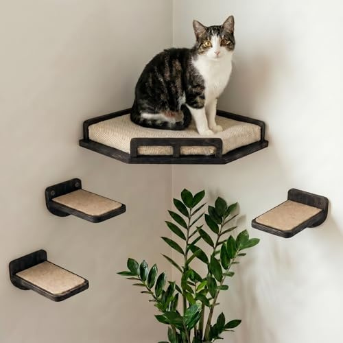 INICIO Cat Wall Shelves - Safe and Sturdy Cat Wall Furniture - Stylish Natural Wood Corner Shelf with 3 Steps for Cats up to 8kg - Padded Perch and Stairs for Climbing and Playing