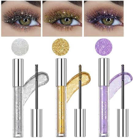 KARLOR Glitzer Wimperntusche, 3 Stück Wasserfeste Mascara für Wimpern - Silber, Gold, Lila - Bunte, Glänzende Mascara für Festival, Fasching und Augen Make-up