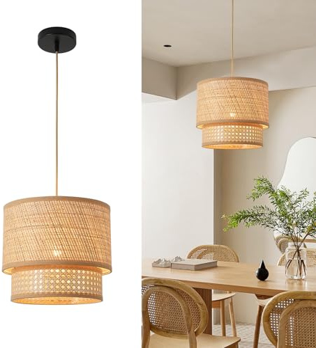 FORCOSO Rattan Pendant Light - Vintage Boho Hanging Lights Ø29cm Rattan Lampshade E27 Wicker Ceiling Light Pendant for Dining Room Living Room Bedroom Hallway Kitchen Island - Brown