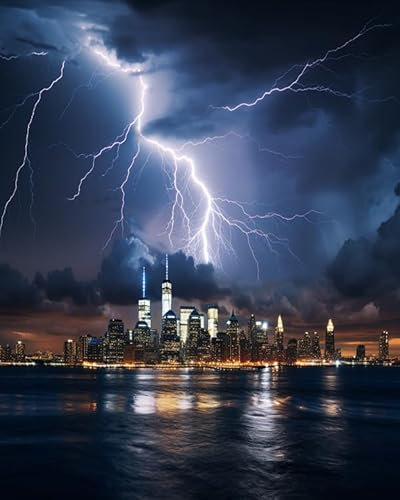 PIPISKY Malen nach Zahlen zum Selbermachen für Erwachsene,New York, Gewitter, Blitz,Ölgemälde-Set auf Leinwand für Erwachsene,Kunst-Malset für die Wanddekoration zu Hause,40x50cm,Ohne Rahmen