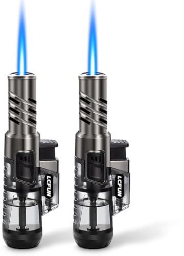 LcFun Torch Lighter 2 Pack Windproof Adjustable Single Jet Flame Butane Lighter Refillable Gas Lighter for Candle Camping Grill BBQ Fireplace (Butane Not Included)