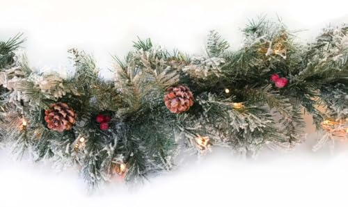 WatioWave Decoración navideña LED con nieve, piñas y bolas, 180 cm - Ideal para embellecer espacios festivos y crear ambiente navideño.