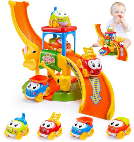 Juguetes para niños de 1 2 3 años Niños y Niñas Regalos de Cumpleaños, Tobogán Elefante con 4 Coches de Animales Juguetes para Bebés de 12-18 Meses, Pistas de Coches de Empuje para Niños de 1-2 Años