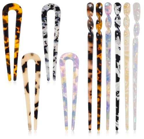 Lot de 10 baguettes à cheveux droites en acétate en forme de U - Épingles à cheveux vintage en forme de écaille de tortue - Épingles à cheveux classiques - Épingles à cheveux longues rétro à 2 broches