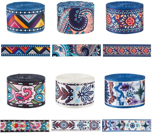 SUPERFINDINGS 6 Rolle 12 Yards Polyester Vintage Jacquardband Dickes Besticktes Spitzenband Ethnische Stickerei Spitzenbesatz Fransen Boho Für DIY Kleidung Accessoires Verzierungen Dekoration Hochzeit