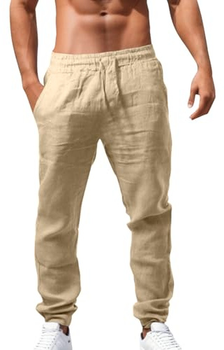 Pantalon Lino Hombre Pantalones Elásticos con Cordones Pantalones de Algodón y Lino Transpirables de Color Liso Pantalone Casual de Verano Pantalón Suaves y Cómodos para Hombre