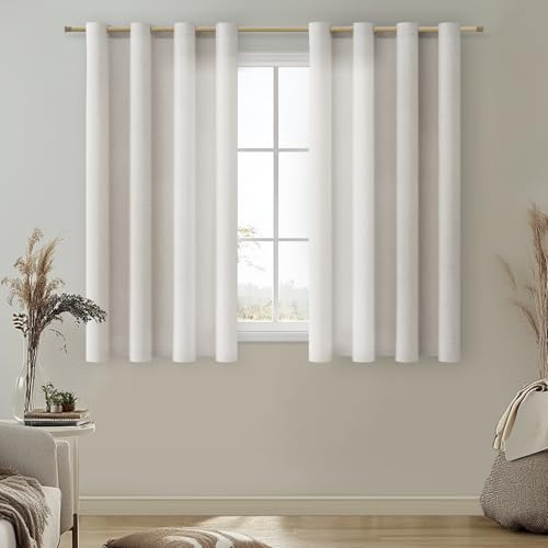 MRTREES Leinen Gardinen mit Ösen Kurz Voile Gardinen Küche Fenster Boho Vorhang Leinenoptik Halbtransparent Ösenschal für Wohnzimmer Schlafzimmer Leinenvorhänge 2er Set H 145 x B 140 cm