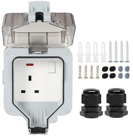 Jadeshay 1 Way Outside Socket Outdoor Plug Sockets Waterproof Wall Socket with Independent Switch for Garden IP66 13A Grey