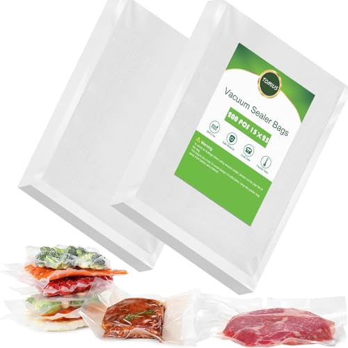 TOMIUS 200Pcs Vacuum Sealer Bags for Food 15x25cm Embossed Vacuum Food Sealer Bags Pre Cut Duty Great Cooking Bags for Food Vac Storage or Sous Vide Cooking