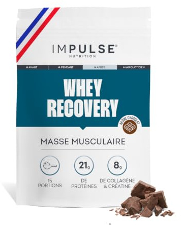 Impulse Nutrition - Whey Recovery Chocolat All in 1 Créatine Whey Collagène | Récupération Musculaire - Prise de Masse et Force - 21g Protéines, 3g Créatine, 5g Collagène, Magnésium - Fabriqué en France