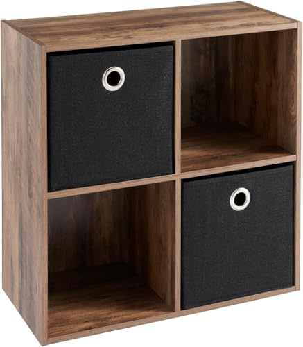 spot on dealz 4-Cube Storage Organizer Shelf with 2 Black Fabric Bins – Wooden Bookcase Cabinet for Home, Office, Kids Room – Toy Storage, Display Rack, Bookshelf (Walnut Finish)