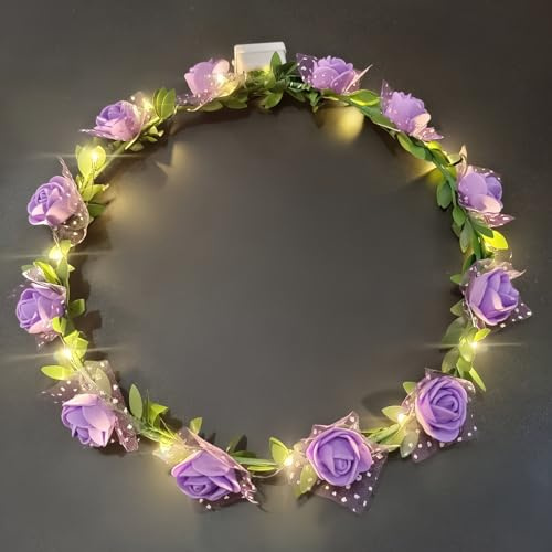 AWSOLAR 8Pcs Blumenkranz Haare LED, Lila LED Blumenkranz Haare für Brautschmuck, Blumen Kopfschmuck, Festival, Party, Haarschmuck