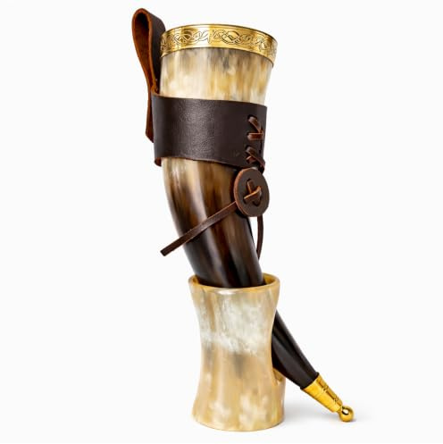 Classic Collection UK7 Ltd Viking Drinking Horn with Stand – 100% Natural Handcrafted Ox Horn | Low Polished Finish | 10 to 14 Inches in Length | Drinking Vessel | Viking Beer Mug | Drinking Cup.