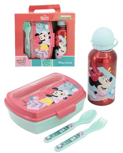 CARTOON Set Pranzo per Bambini Minnie Disney completo portamerenda Lunch Box con Posate e Borraccia in alluminio 400 ml Perfetto per Scuola e Attività Sportive