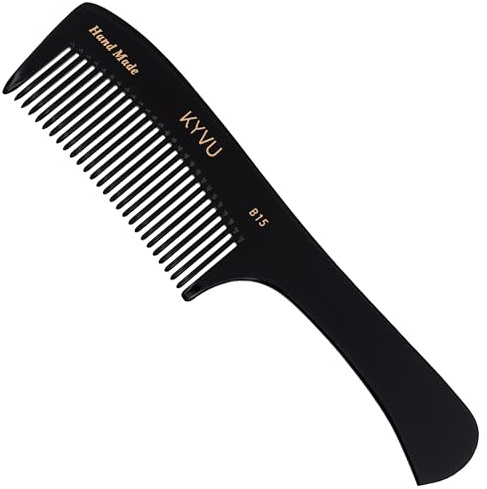 KYVU B15 kam med grovtandad med handtag – handgjord stylingkam för tjockt hår – 21,8 cm – cellulosaacetat, svart finish