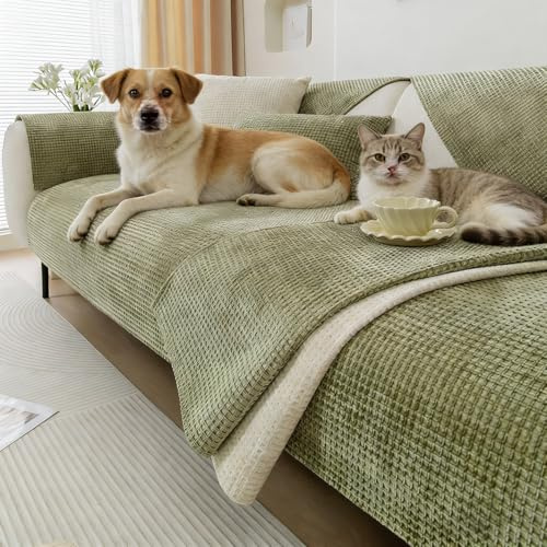 Generisch Weiche Chenille Sofa Überzug Sofabezug: Plüsch rutschfest Sofaschoner Sofa Cover 1/2/3/4 Sitzer Couch Überzug Sofaüberwürfe für U Form L Form Sektionssofa (Grün, 90x120cm)