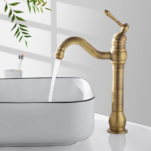 Suguword Robinet de lavabo en laiton antique - Mitigeur monocommande pivotant à 360° - Montage sur pont à un trou - Style rétro vintage pour salle de bain et cuisine