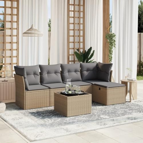 GeenYuu 6-TLG. Garten-Sofagarnitur Poly Rattan mit Kissen Beigemischung, wetterfestes Lounge-Set für Balkon Terrasse und Hof, inklusive Tisch, Hocker, Sofa, Sitzgruppe für Outdoor